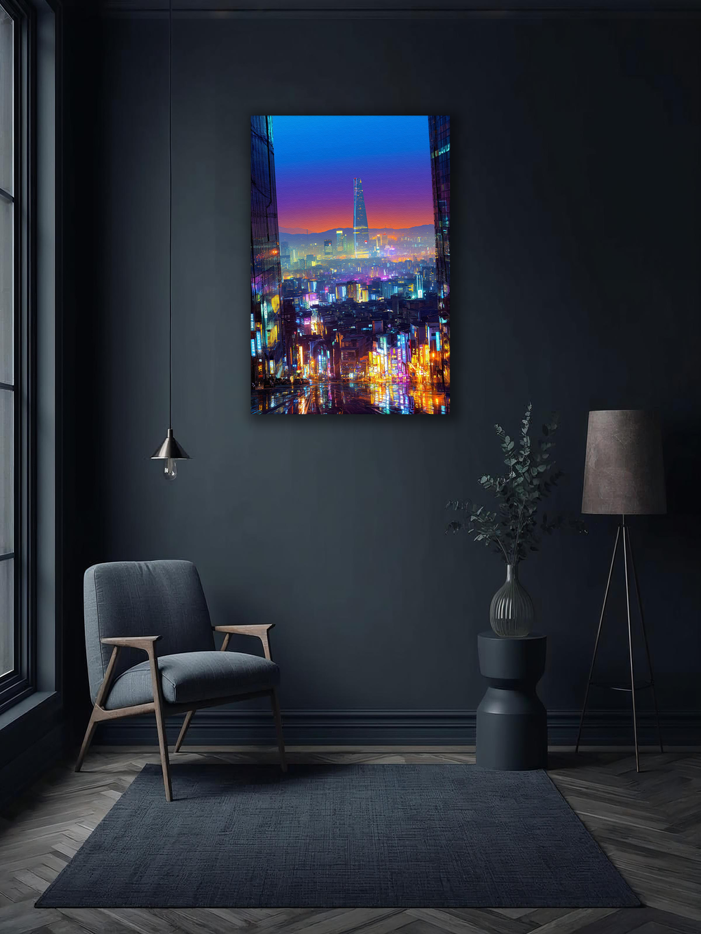 Korean Cityscape Canvas Art | Neon Seoul Rain Glow