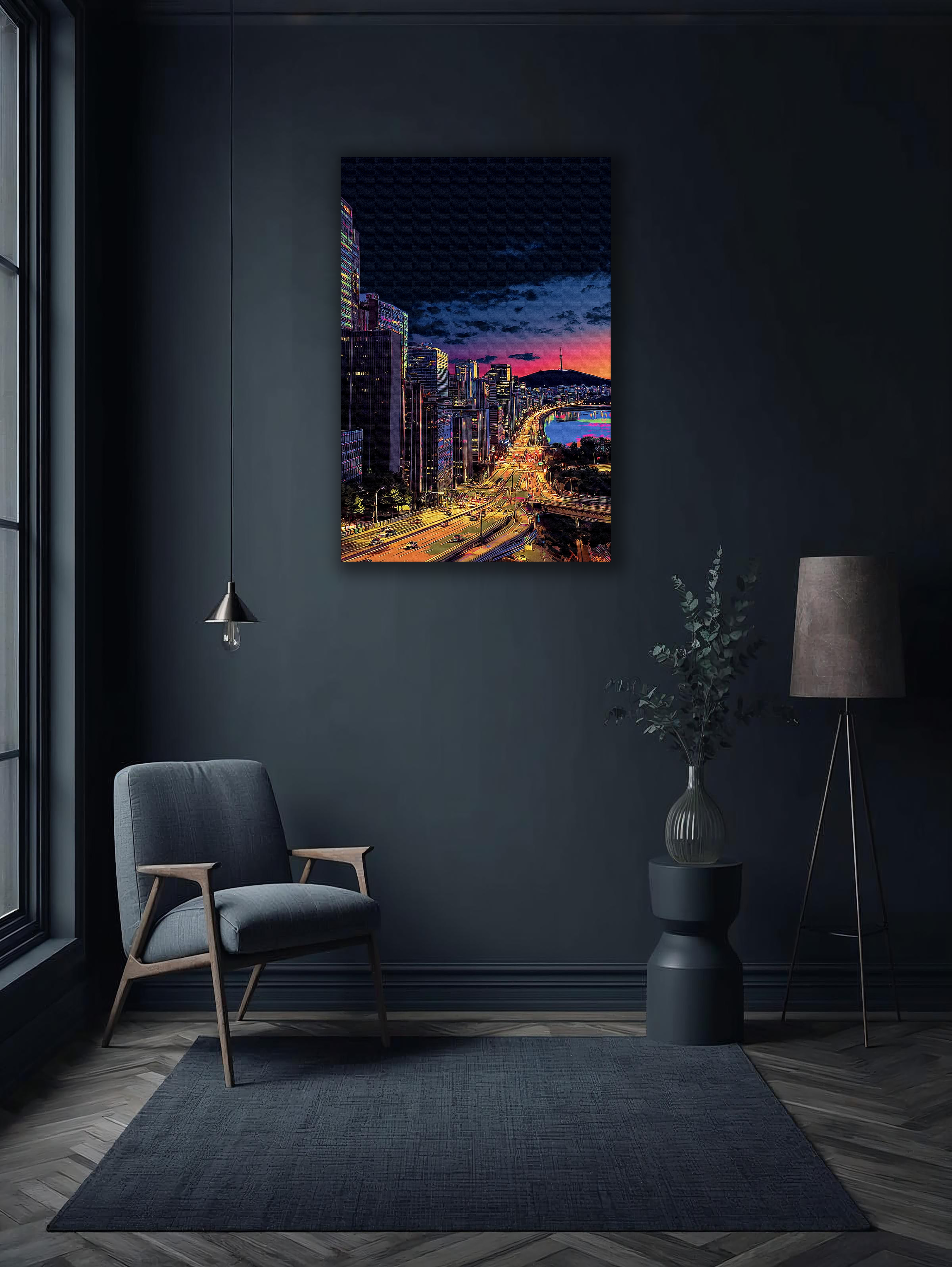 Korean Cityscape Canvas Art | Neon Seoul River Night