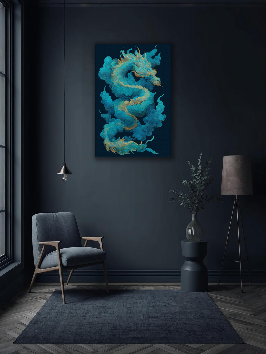 Korean Dragon Vertical Canvas Art – Teal & Gold Mythic Wall Decor