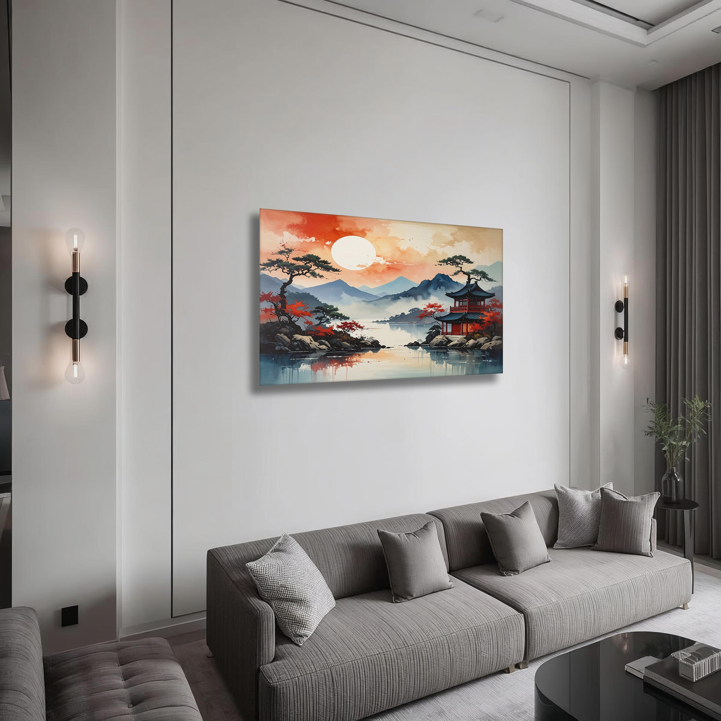 Morning Glow over the Hanok Lake – Korean Landscape Canvas Art