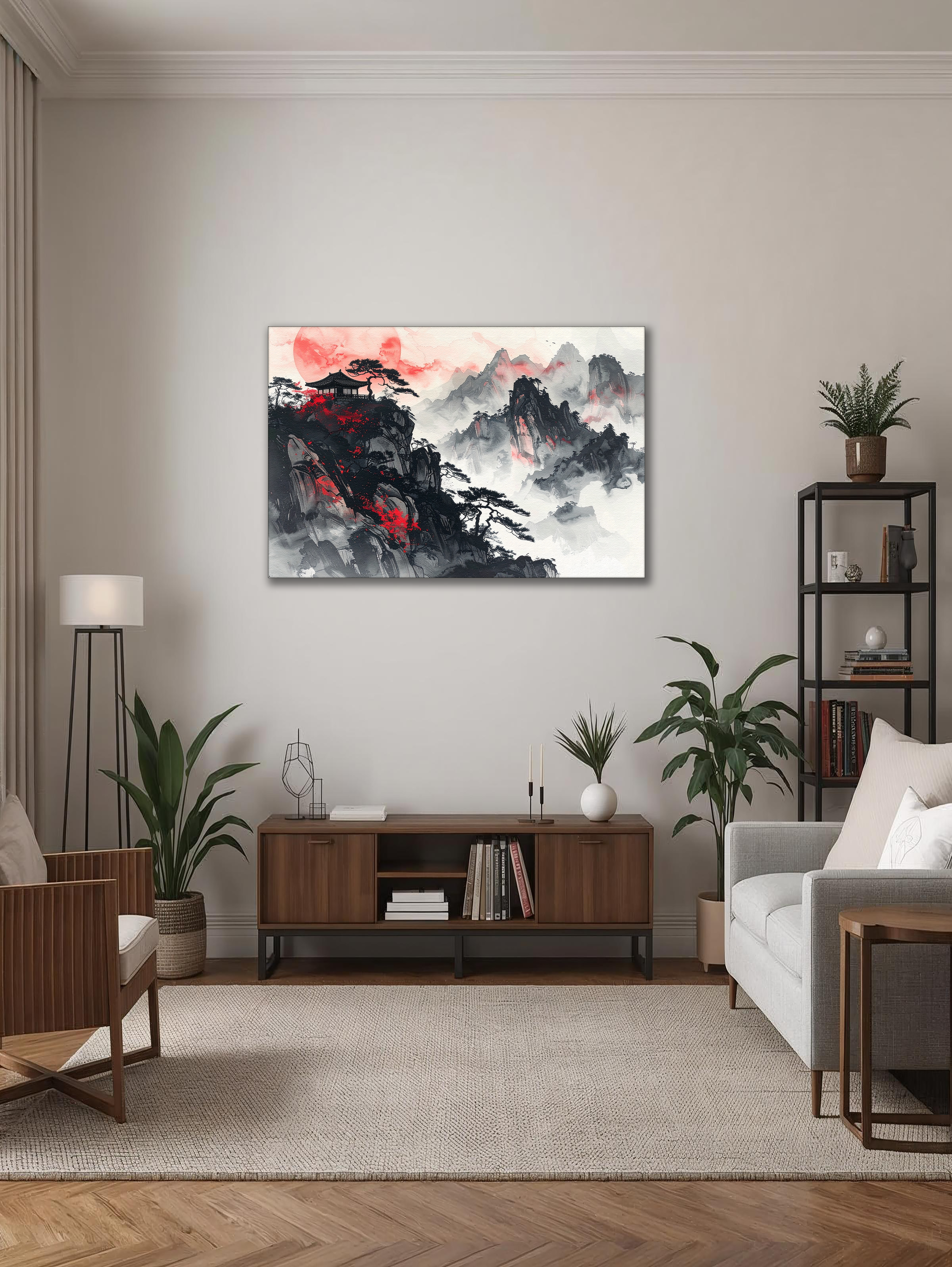 Crimson Moon over Misty Peaks – Korean Mountain Landscape Canvas Art