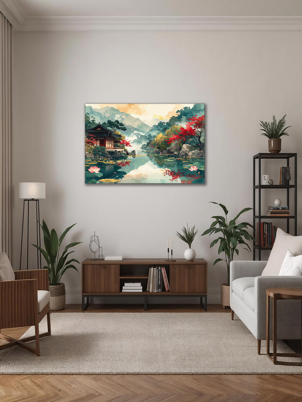 Lotus Reflections at Gyeonghoeru – Korean Traditional Landscape Canvas Art