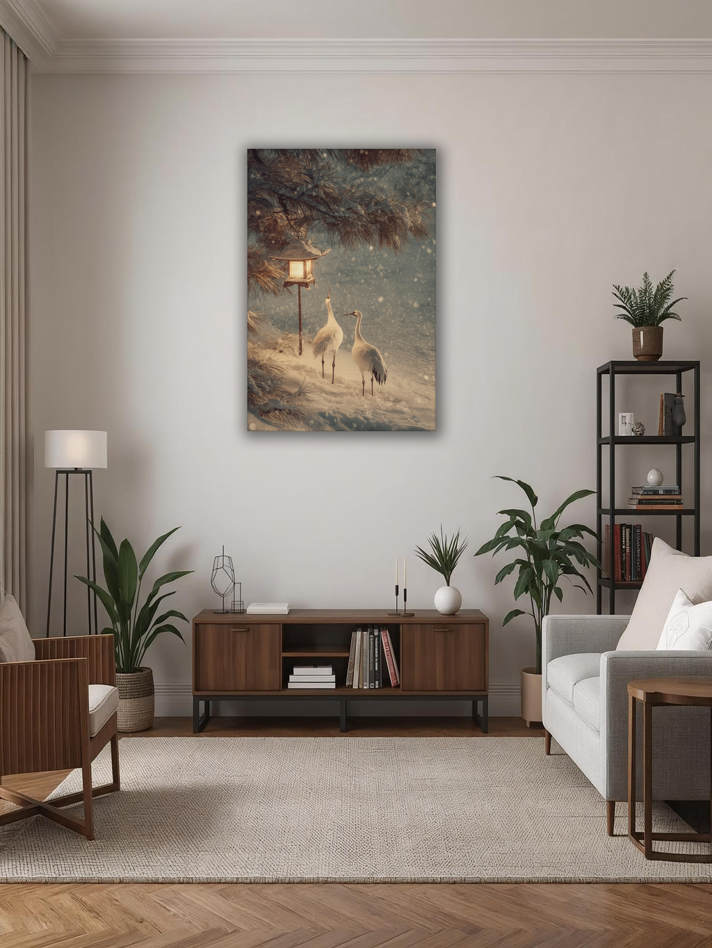 Korean Winter Crane Lantern Canvas Art | Snowy Pine Scene