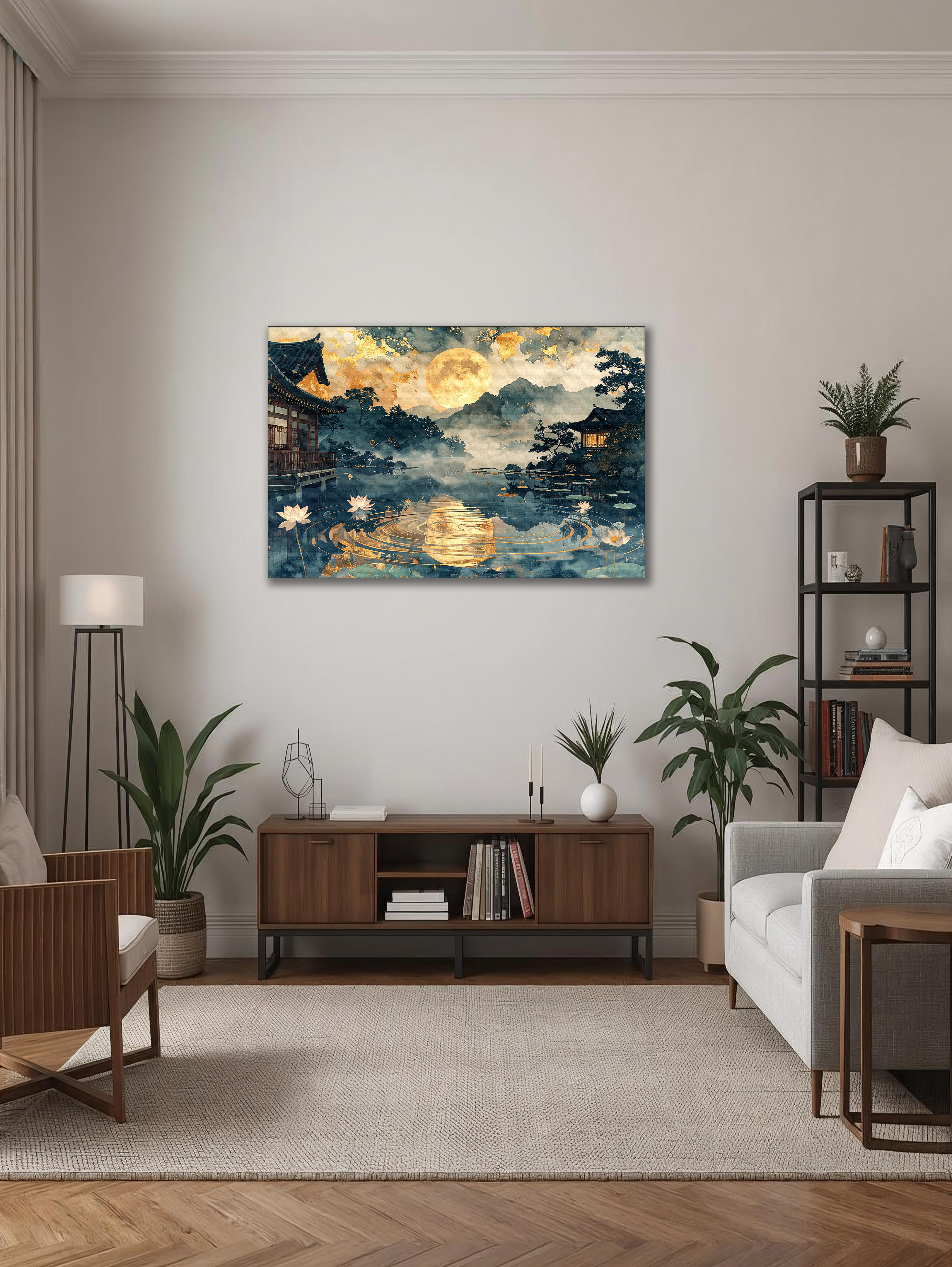 Golden Moon over Lotus Lake – Korean Hanok Moonlight Canvas Art
