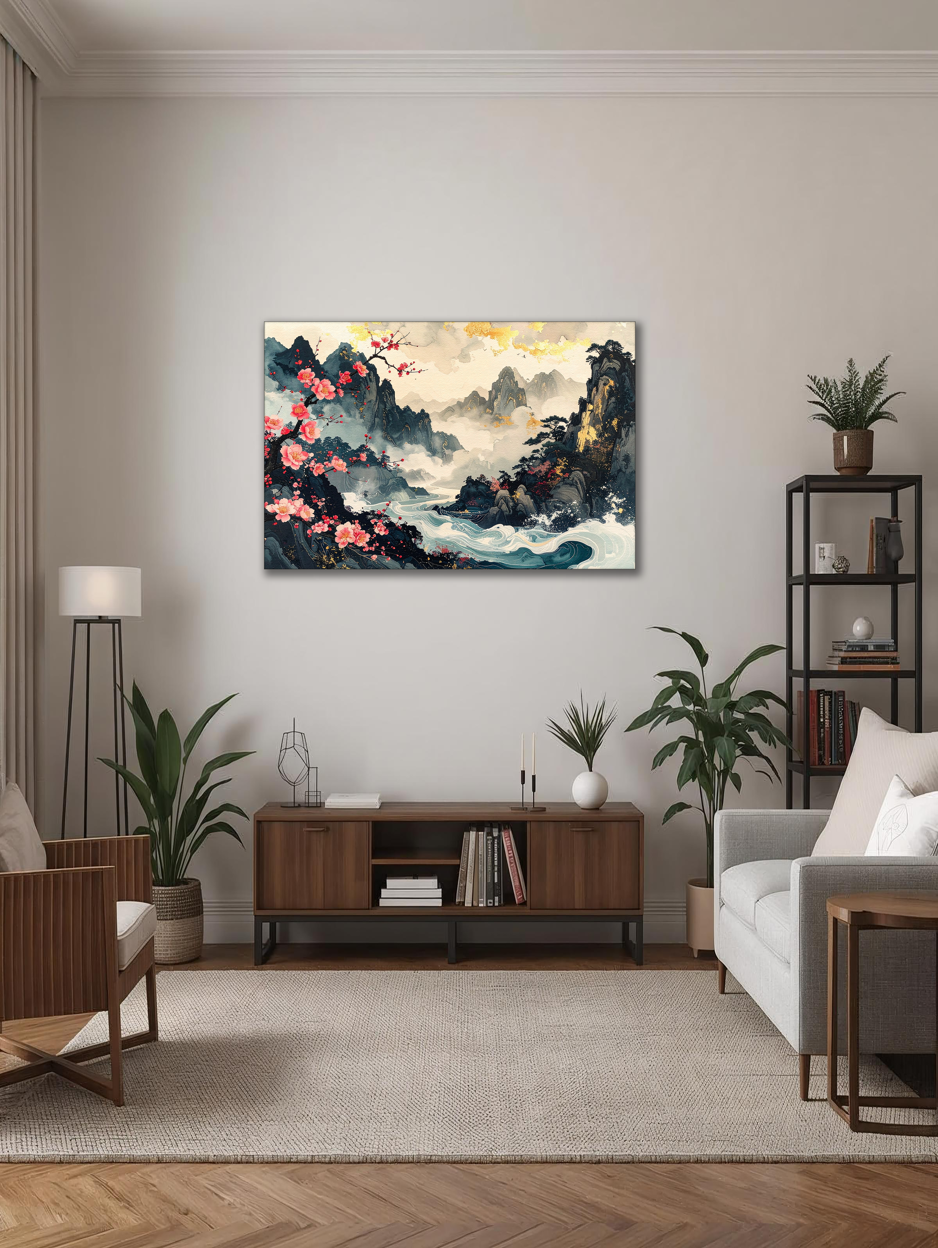 Bloom of Spring over Misty Mountains – Korean Plum Blossom Landscape Canvas Art