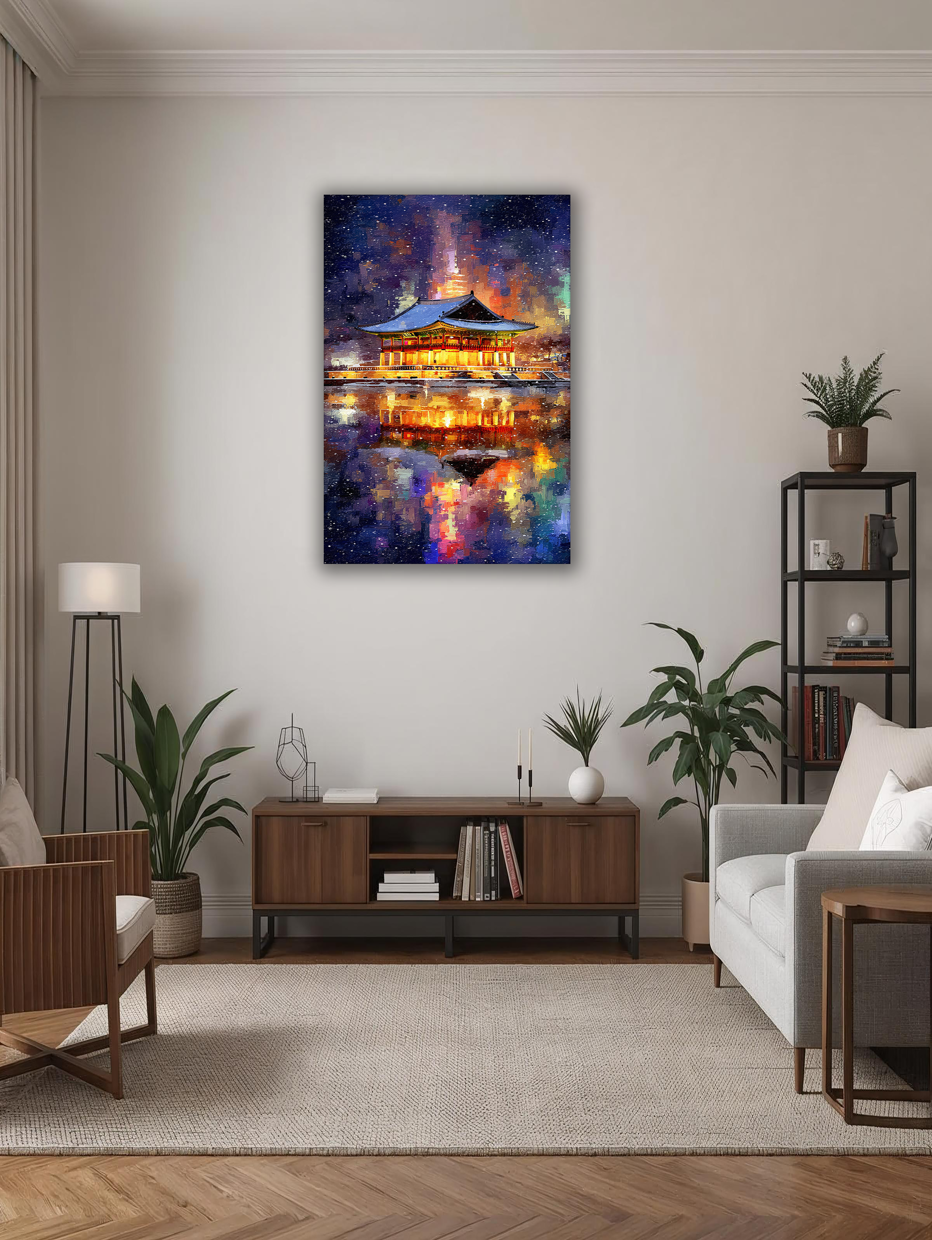 Korean Illuminated Pavilion Canvas Art | Snowy Lakeside Night