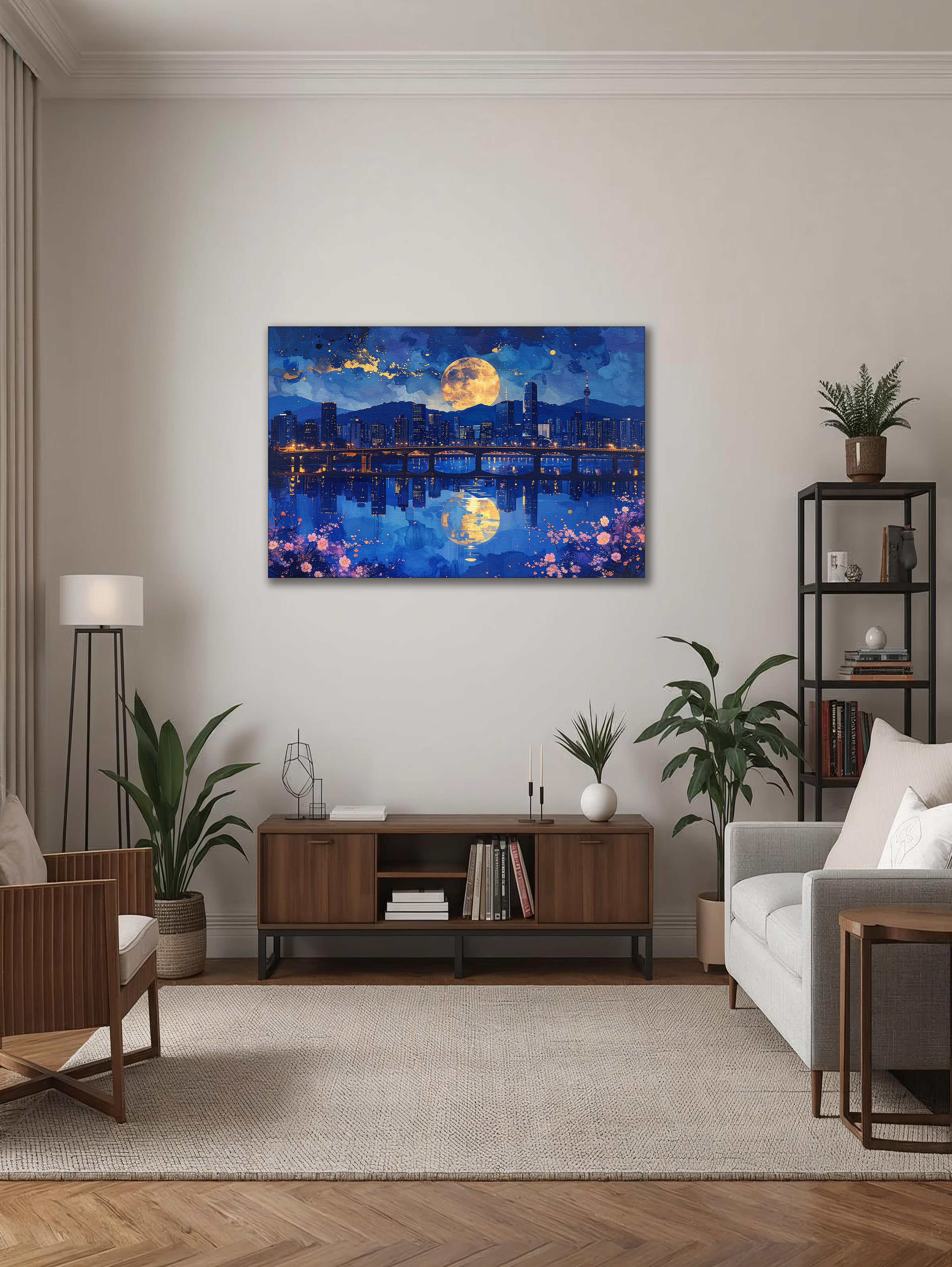 Moonlight Over Seoul – Korean City Nightscape Canvas Art