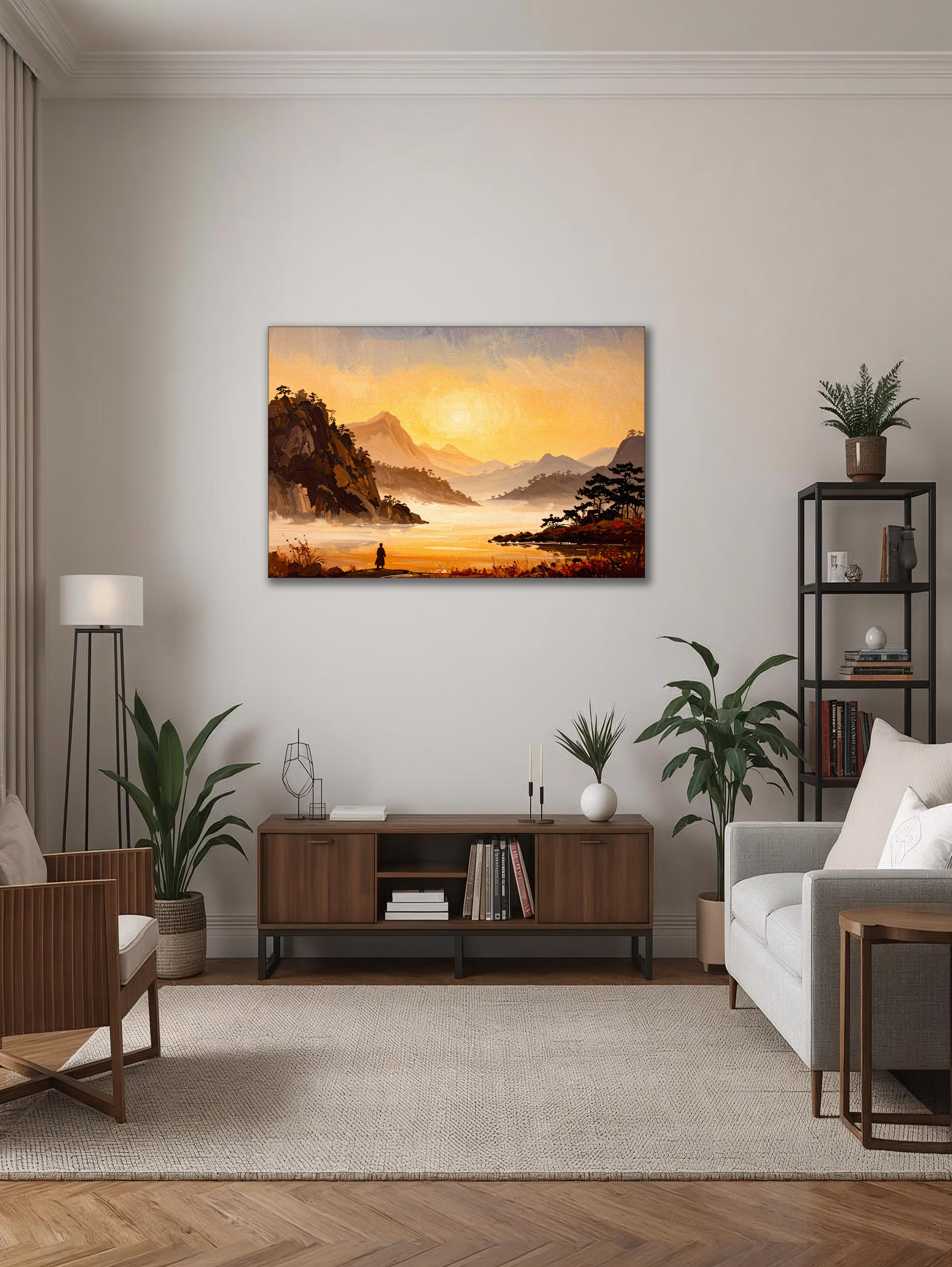 Golden Silence of Dawn – Korean Mountain Landscape Canvas Art