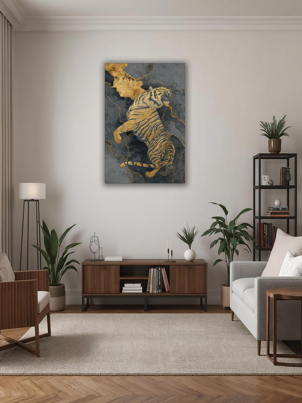 Korean Gold Tiger Canvas Art | Luxury Dark Marble Style