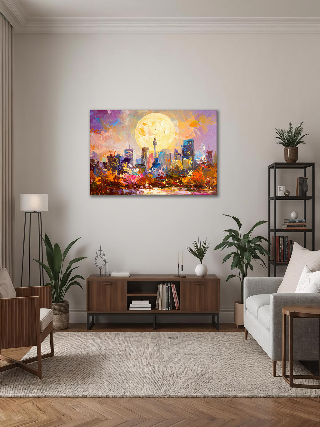Seoul in Golden Moonlight – Abstract Korean Cityscape Canvas Art