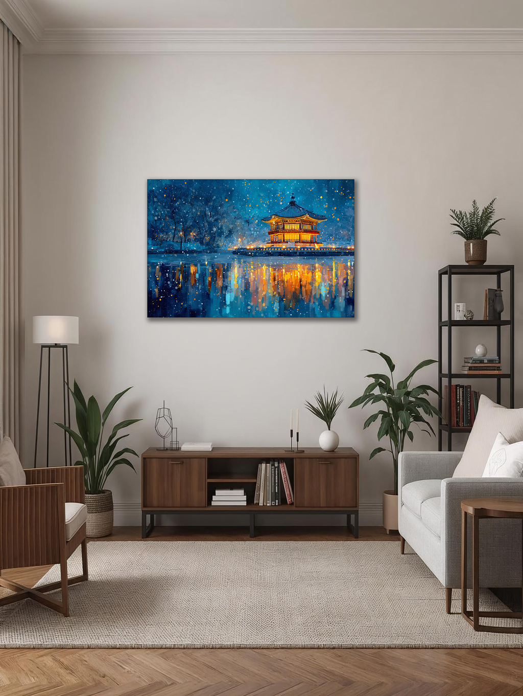 Korean Winter Pavilion Canvas Art | Night Lake Reflection