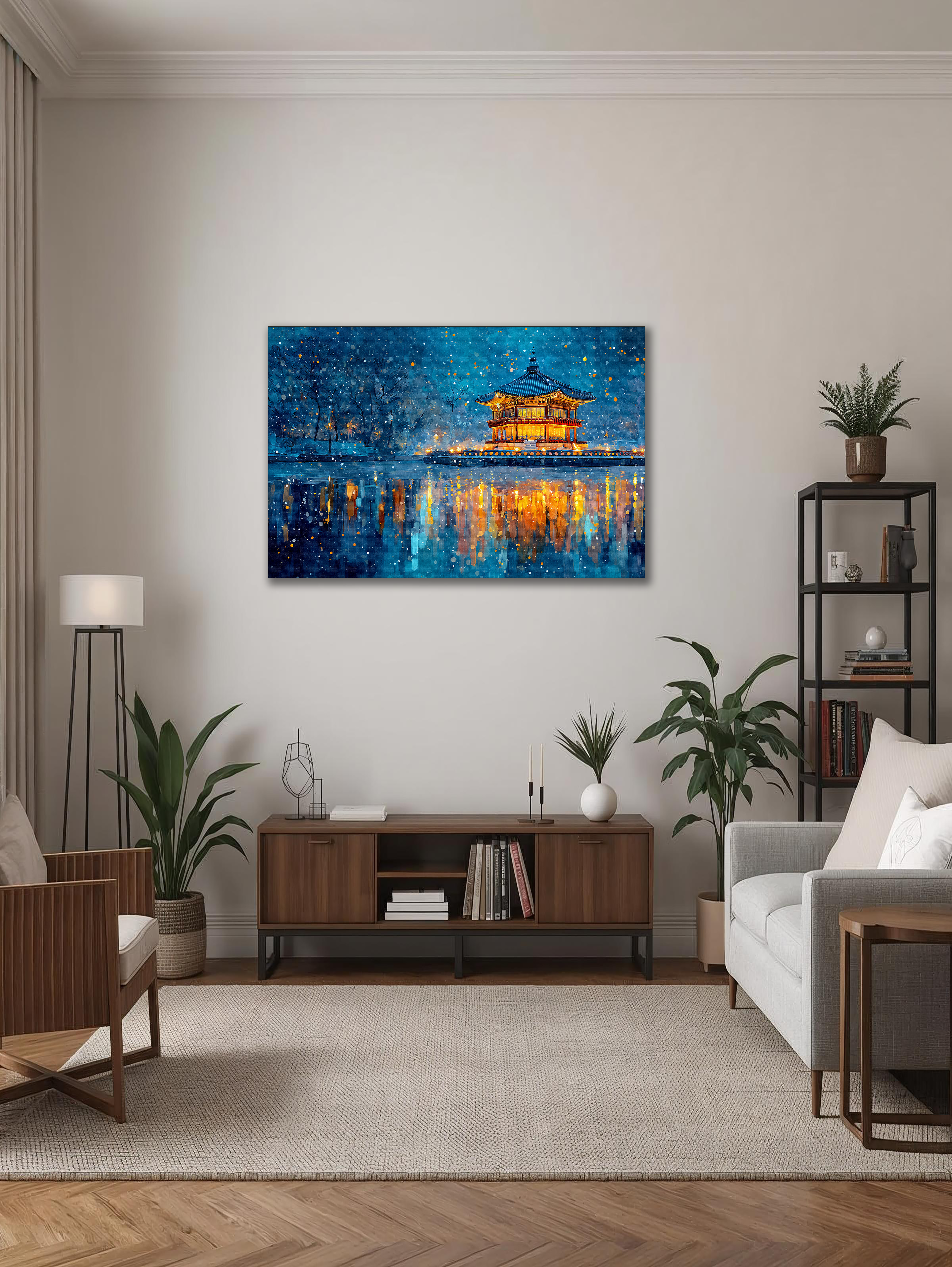Korean Winter Pavilion Canvas Art | Night Lake Reflection