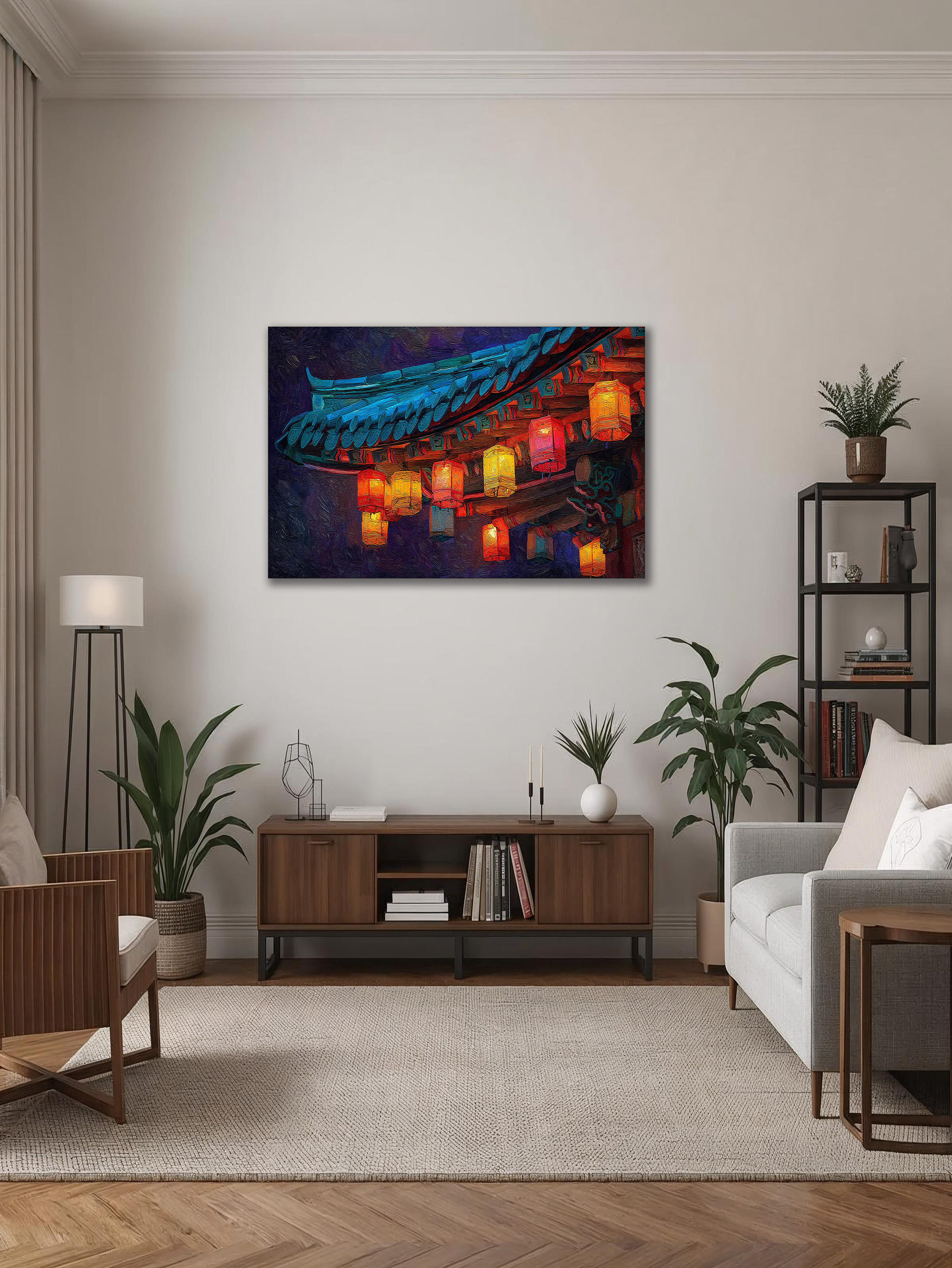 Korean Lantern Night Canvas Art | Temple Roof Glow