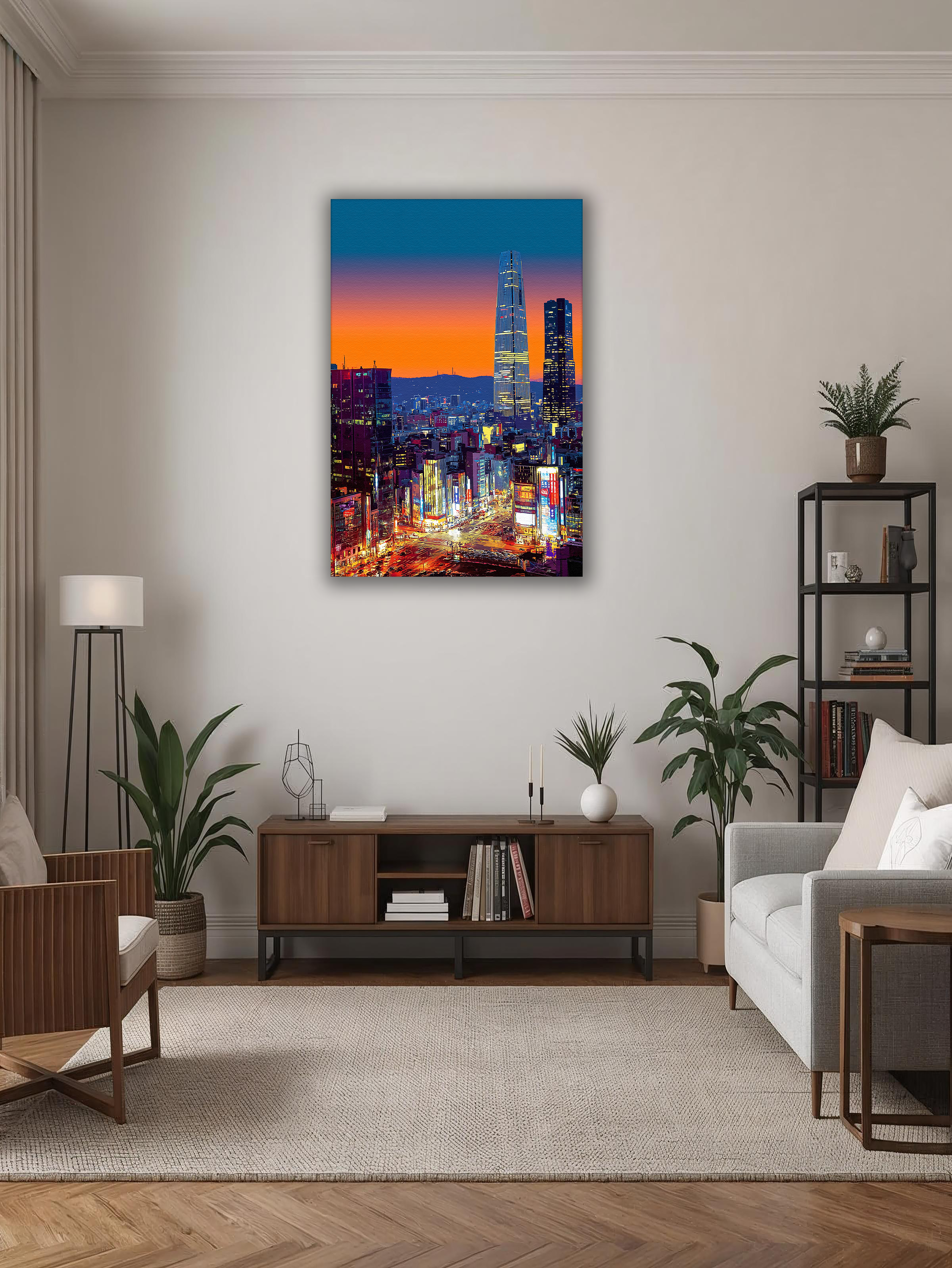 Korean Cityscape Canvas Art | Neon Seoul Sunset Towers