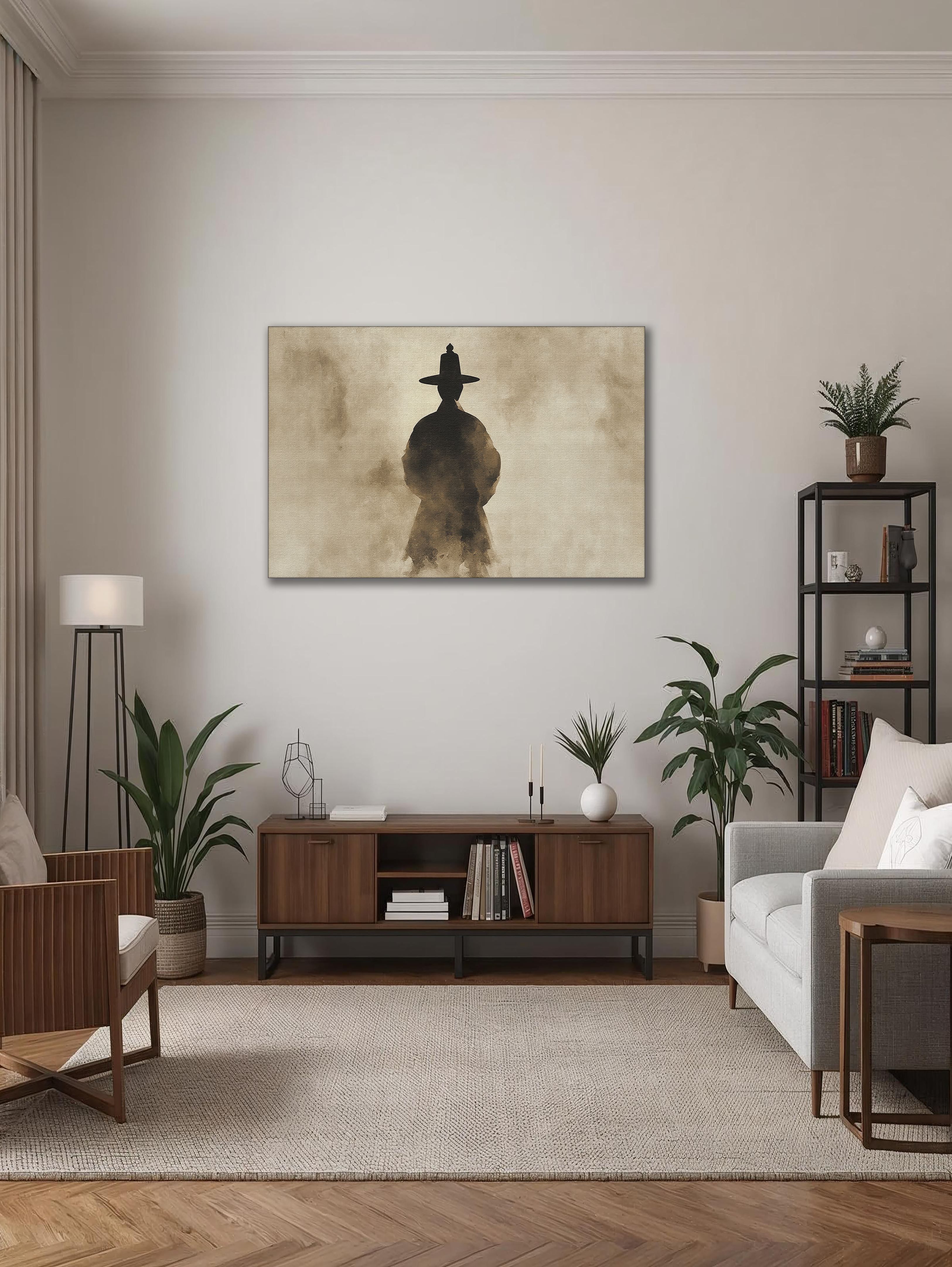 Korean Scholar Silhouette Canvas Art | Sepia Minimal Style