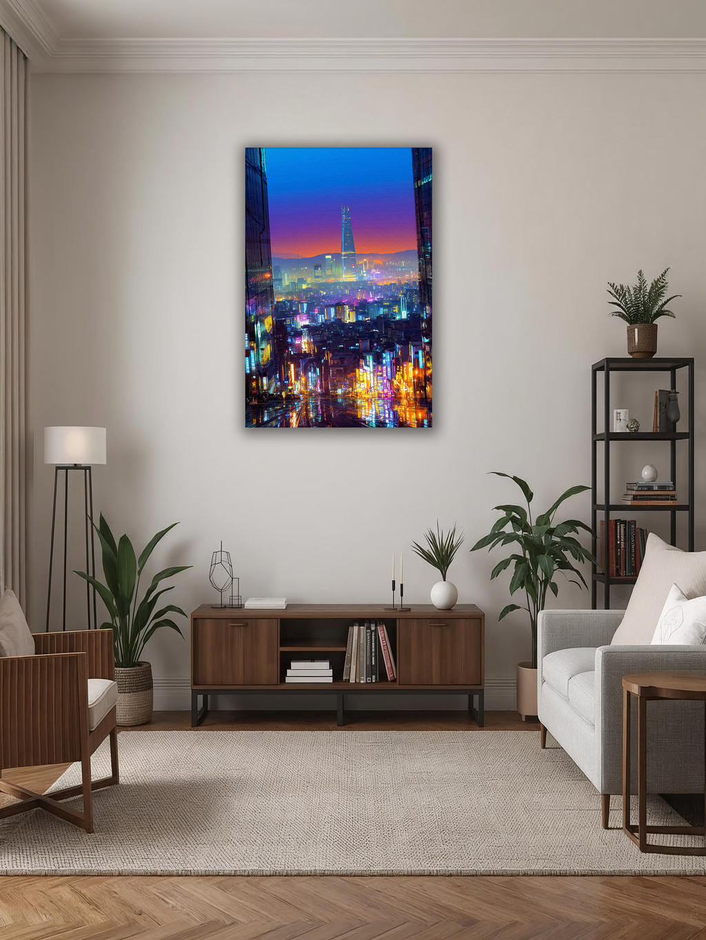 Korean Cityscape Canvas Art | Neon Seoul Rain Glow