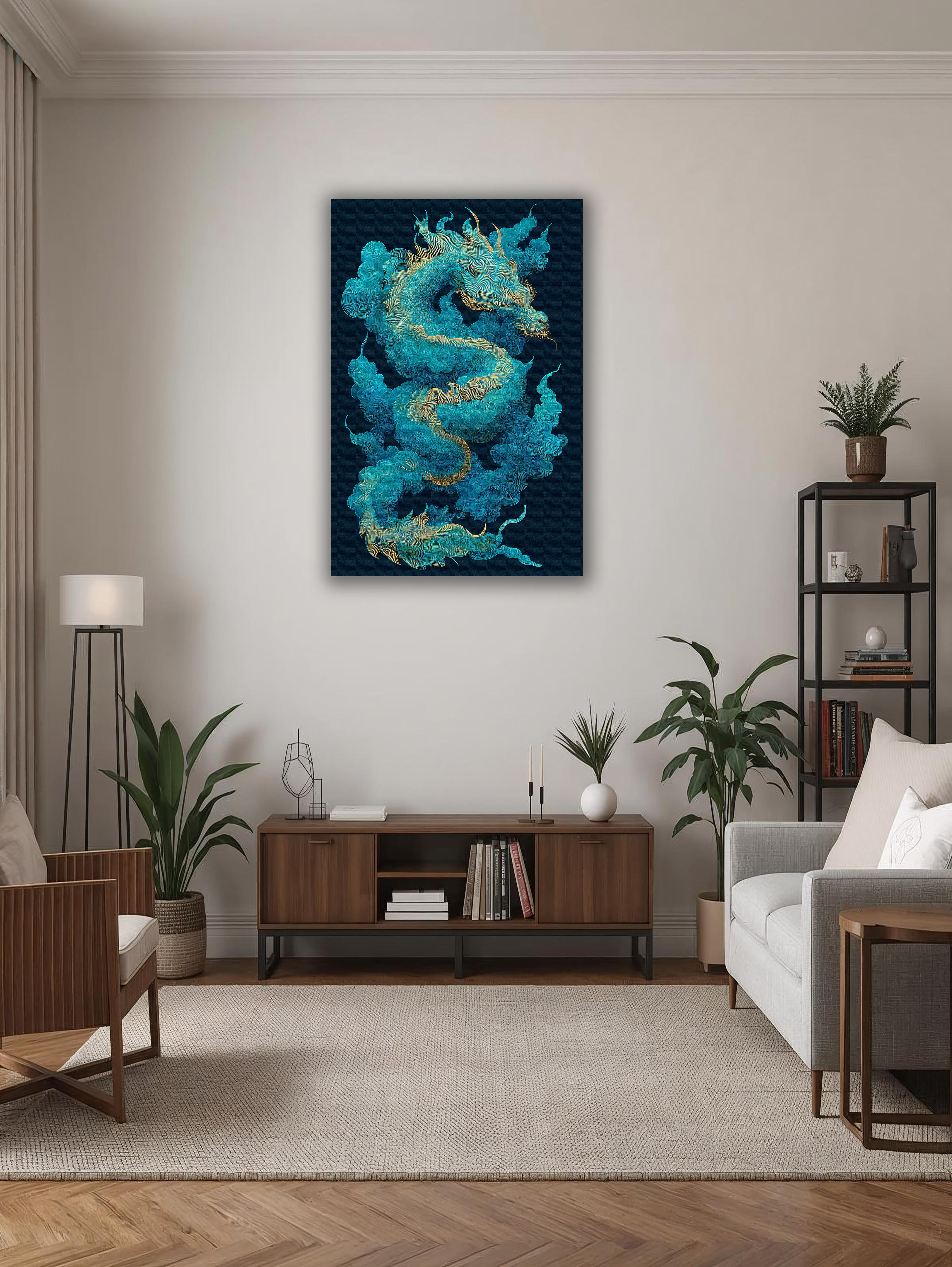 Korean Dragon Vertical Canvas Art – Teal & Gold Mythic Wall Decor