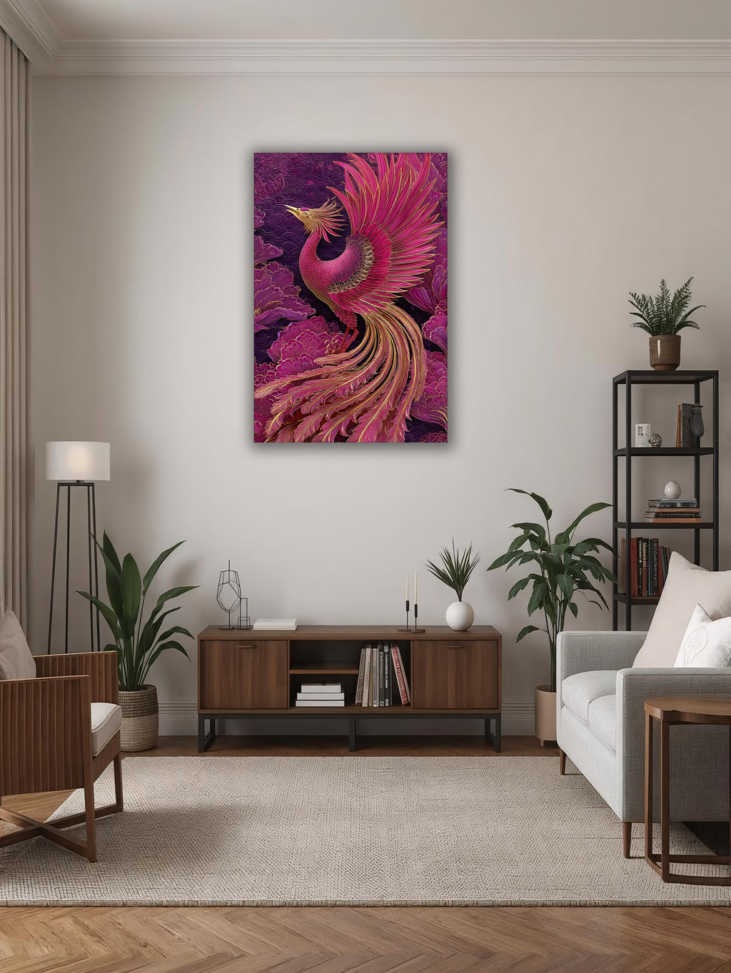 Korean Phoenix Vertical Canvas Art – Symbolic Mythical Bird Wall Decor