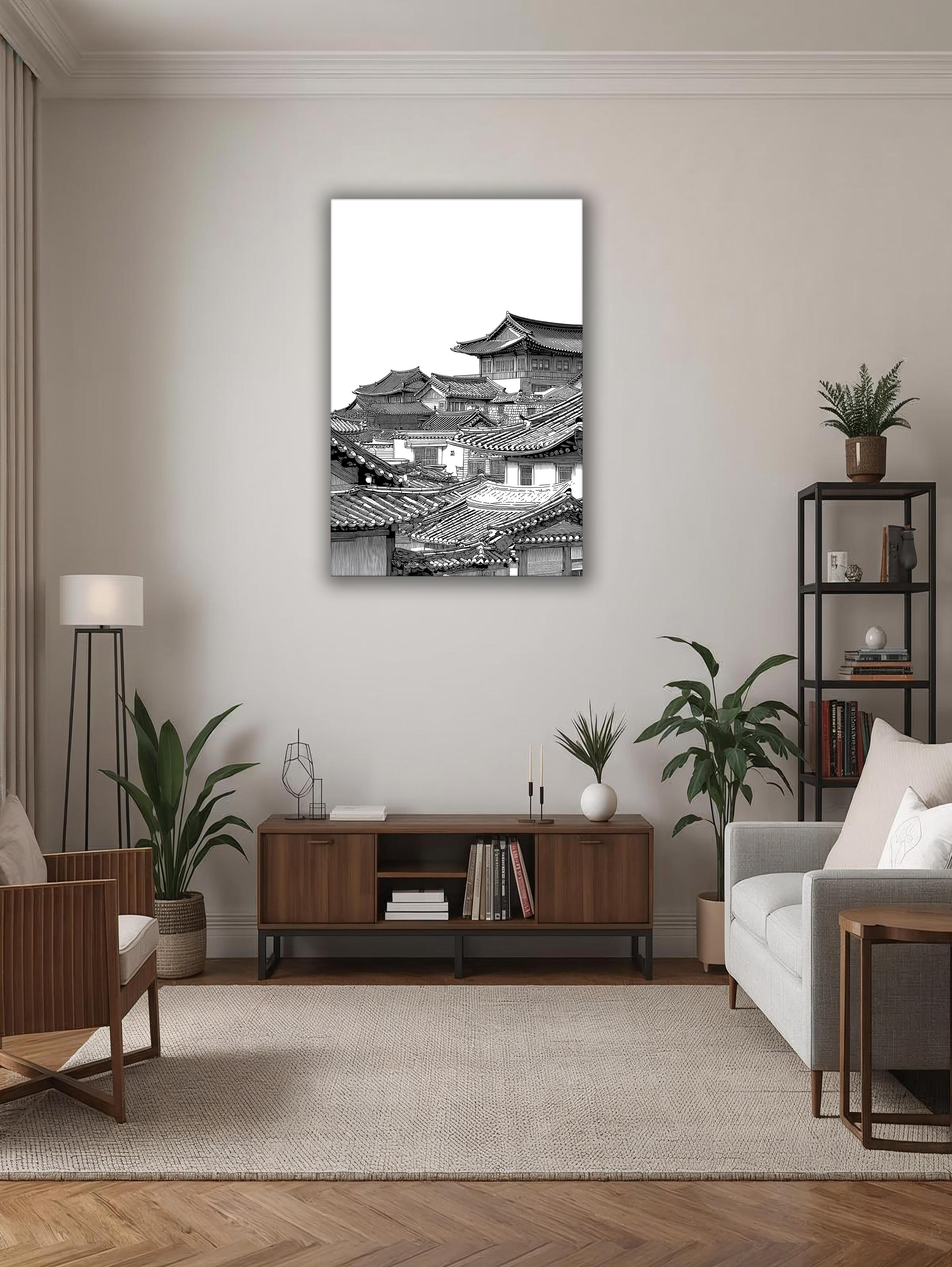 Korean Hanok Village Skyline Canvas Art