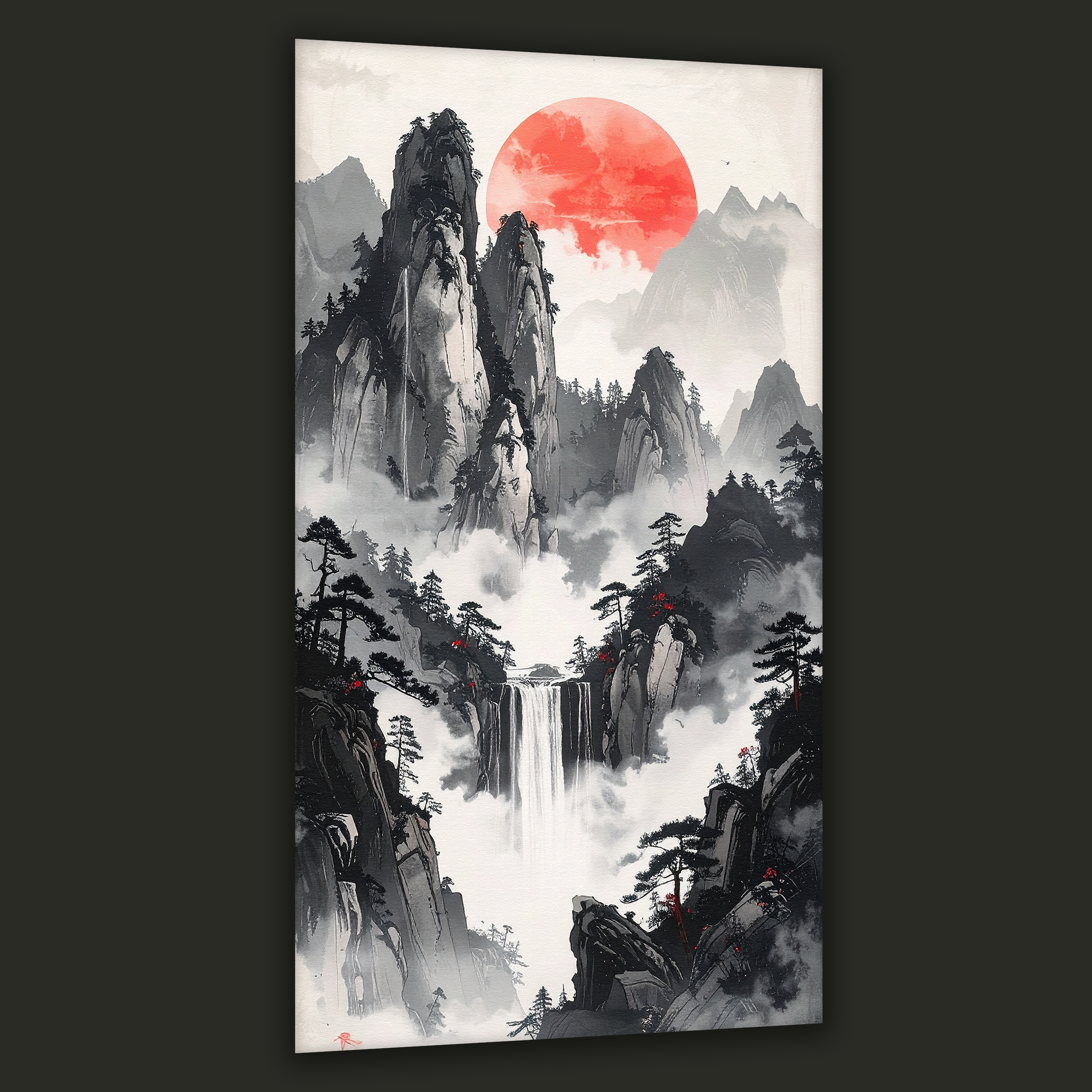 Scarlet Sun over Misty Falls (Portrait Canvas Edition)
