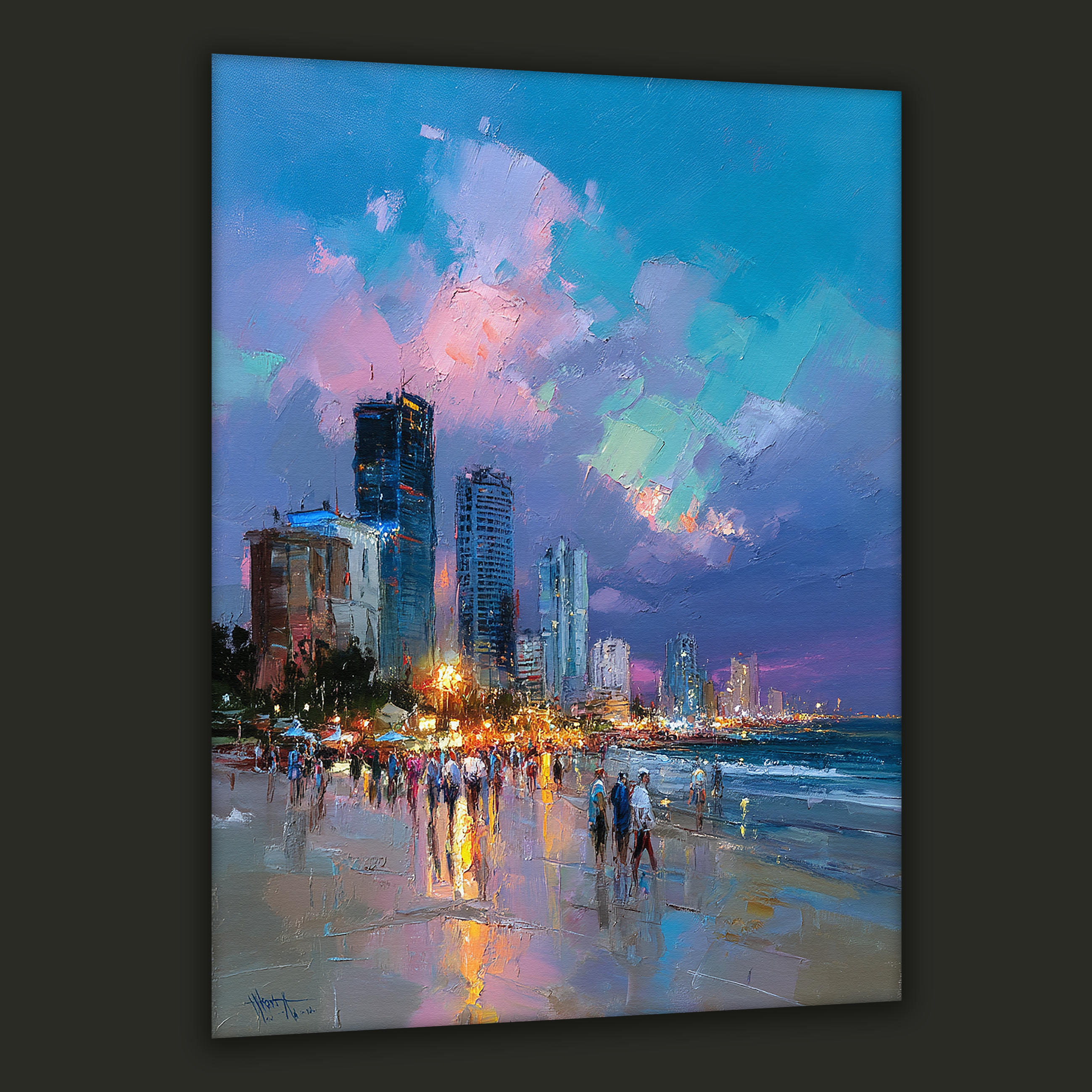 Korean Coastal Evening of Lights Canvas Art