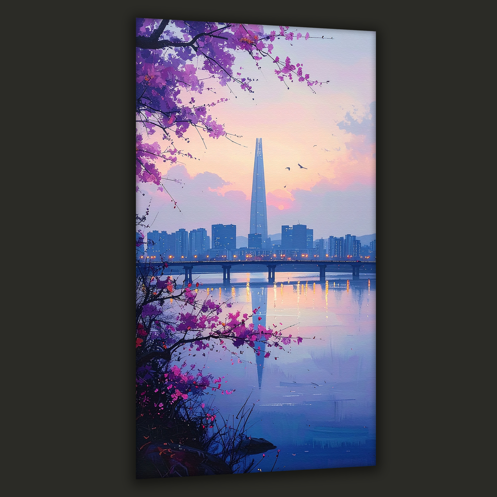 Twilight Blossoms over Seoul Skyline (Portrait Canvas Edition)