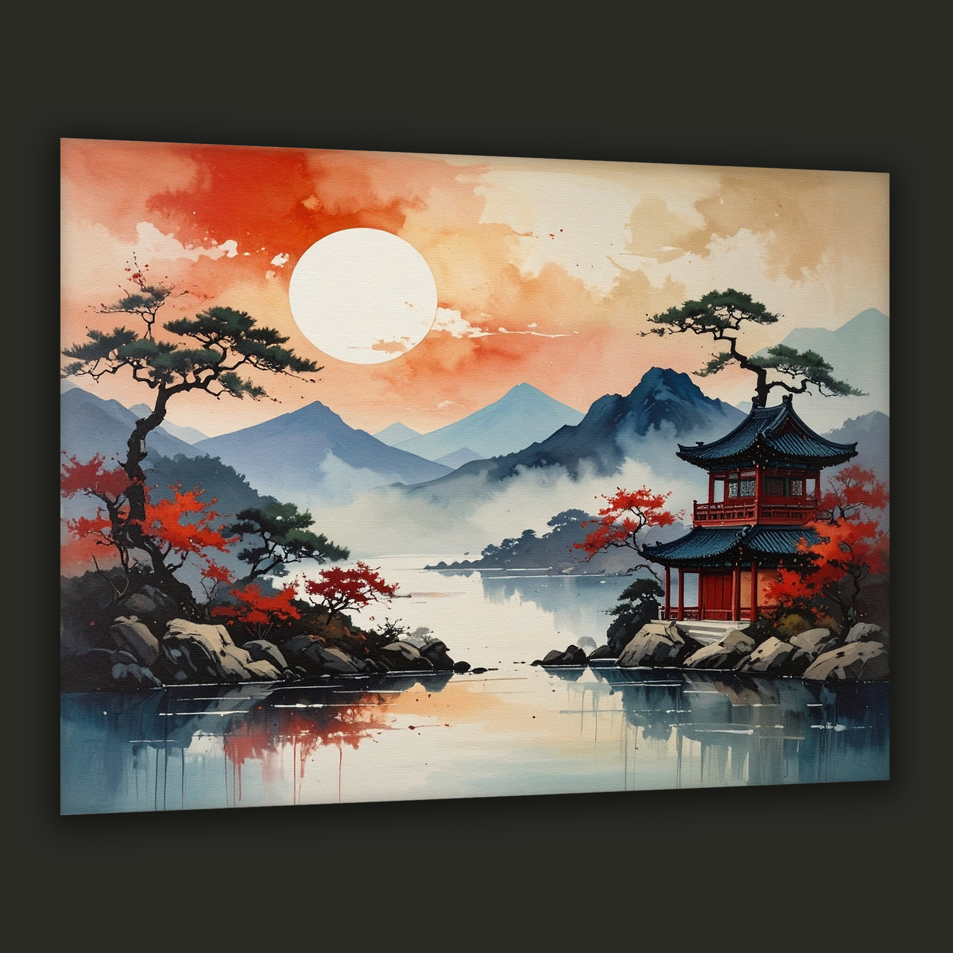 Morning Glow over the Hanok Lake – Korean Landscape Canvas Art