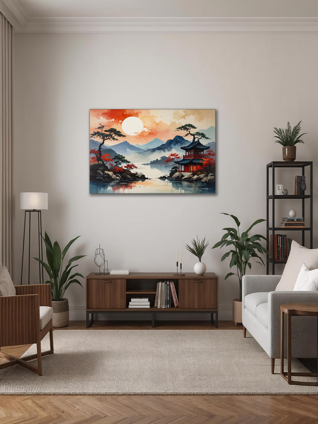 Morning Glow over the Hanok Lake – Korean Landscape Canvas Art